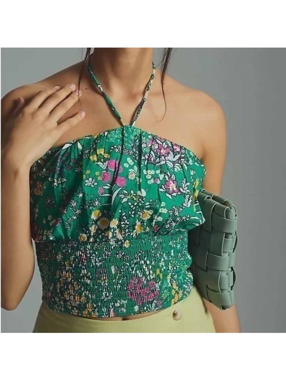 Anthropologie Maeve Woven Green Floral Halter Top sz S